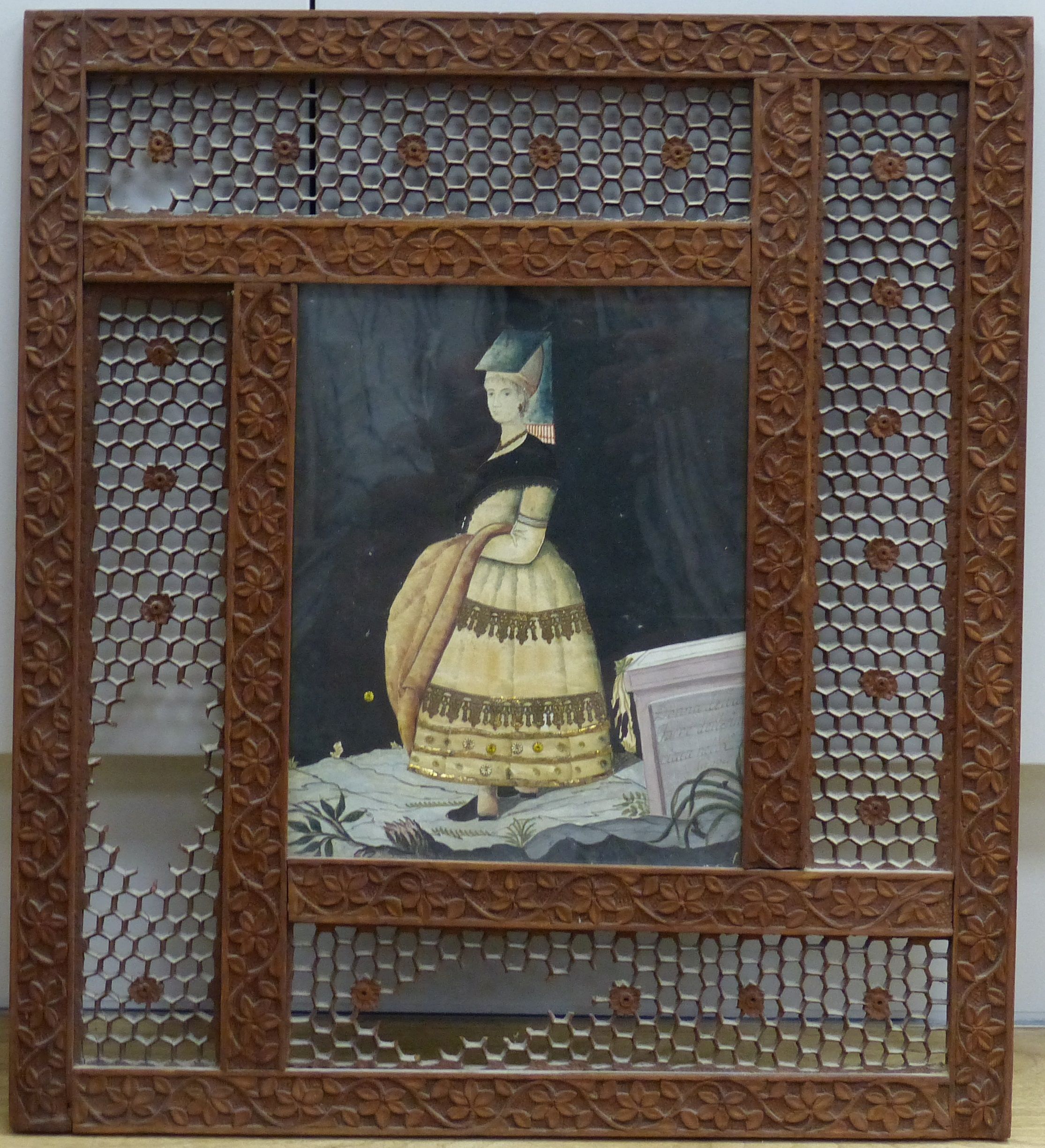 An early 19th century painted silk and gilt metal portrait 24 x 19cm